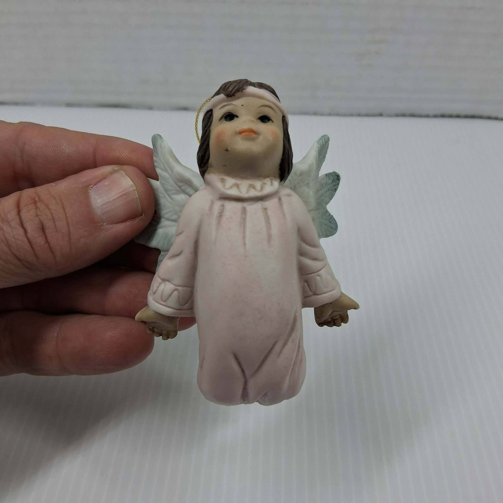 Vintage 1993 HOL Ceramic Angel‎ Christmas Ornament Pink Gown Cherub Kneeling 3"